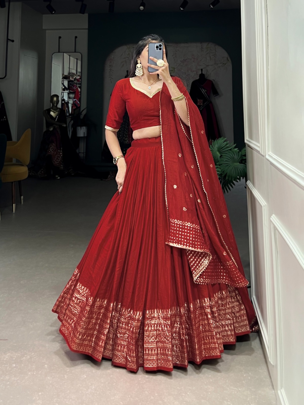 Red Chanderi Weaving Lehenga Choli | Lehenga, Bollywood Lehenga, Creative Lehenga, Designer Lehenga, Embroidered Lehenga, Party Wear Lehenga