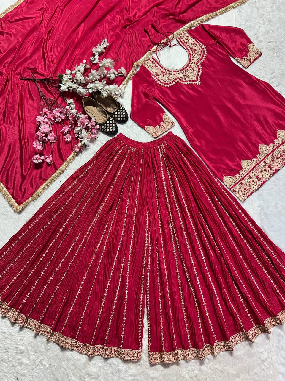 Red Chinnon Silk Lace Embroidery Work Salwar Suit | Jump Suits, Salwar suit, Casual Suits, Creative suits, Designer Suits, Palazzo Suits, Party Wear Suits, Patiala Suits, Straight Suits