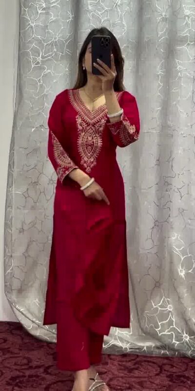 Red Chinon Embroidery Coding Work Salwar Suit | Jump Suits, Salwar suit, Casual Suits, Creative suits, Designer Suits, Palazzo Suits, Party Wear Suits, Patiala Suits, Straight Suits
