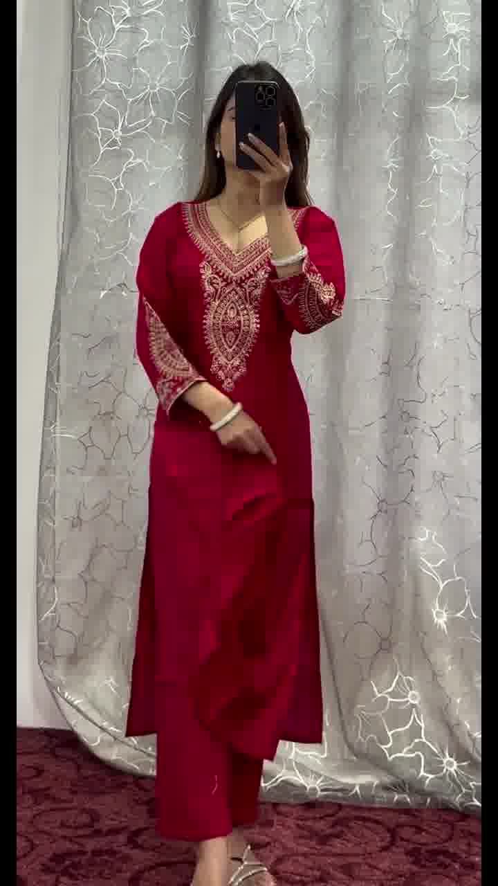 Red Chinon Embroidery Coding Work Salwar Suit | Jump Suits, Salwar suit, Casual Suits, Creative suits, Designer Suits, Palazzo Suits, Party Wear Suits, Patiala Suits, Straight Suits