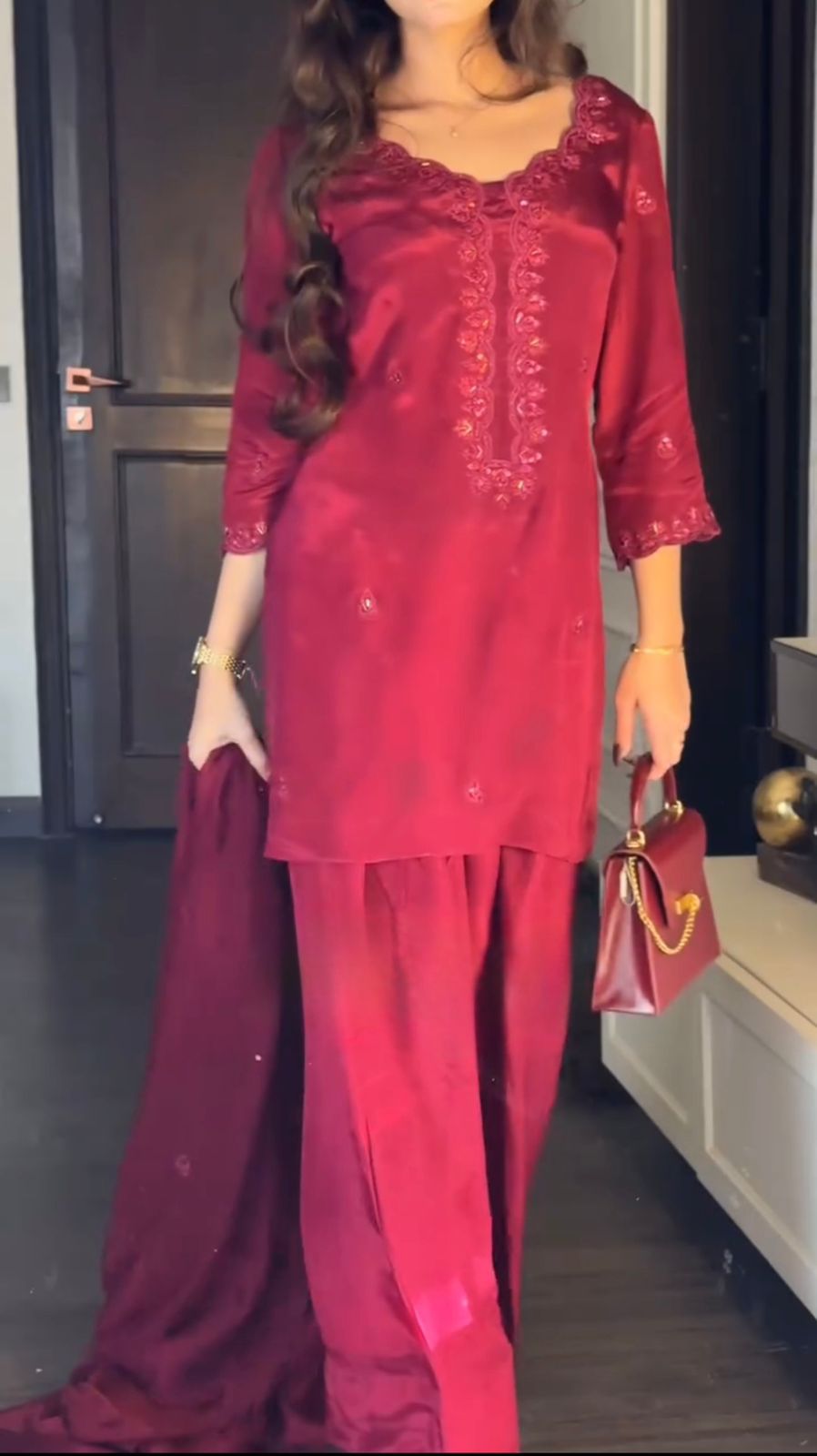 Red Chinon Silk Sequence Work Salwar Suit | Jump Suits, Tops & Bottoms, Track Suits, Salwar suit, Casual Suits, Creative suits, Designer Suits, Palazzo Suits, Party Wear Suits, Patiala Suits, Straight Suits, Trendy Wear
