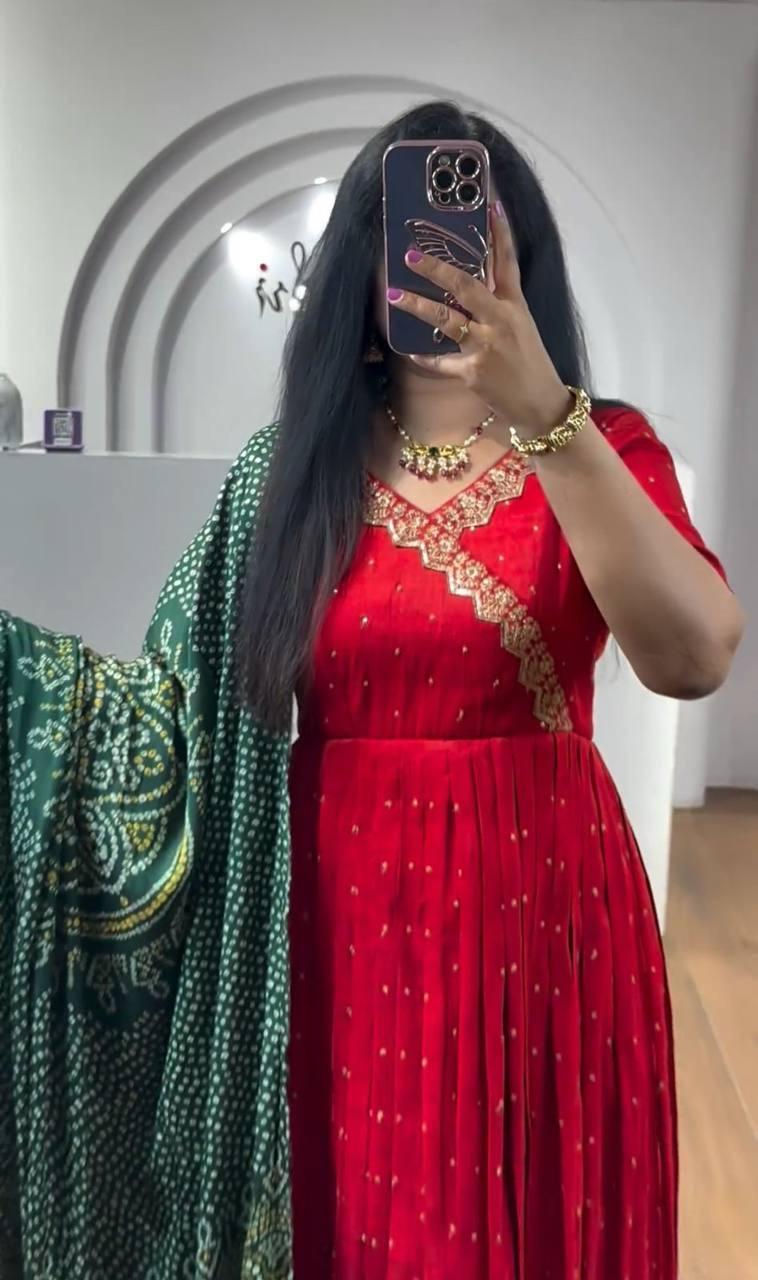 Red Chinon Thread Sequence Work Gown | Gowns, Bollywood Gowns, Creative Gowns, Designer Gowns, Embroidered Gowns, Party Wear Gowns