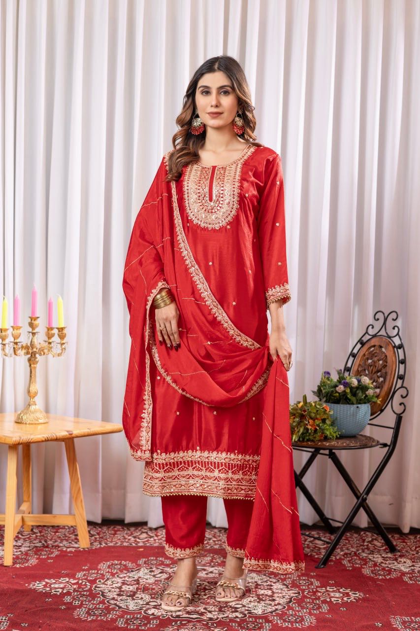 Red Chinon Thread Sequence Work Salwar Suit | Jump Suits, Salwar suit, Casual Suits, Creative suits, Designer Suits, Palazzo Suits, Party Wear Suits, Patiala Suits, Straight Suits