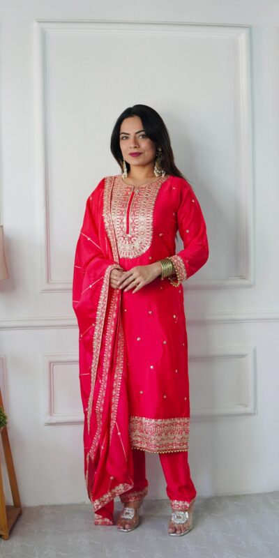 Red Cosmo Silk Heavy Embroidery Sequence Work Salwar Suit | Jump Suits, Salwar suit, Casual Suits, Creative suits, Designer Suits, Palazzo Suits, Party Wear Suits, Patiala Suits, Straight Suits
