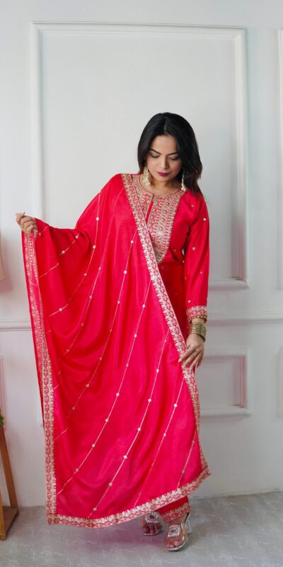 Red Cosmo Silk Heavy Embroidery Sequence Work Salwar Suit | Jump Suits, Salwar suit, Casual Suits, Creative suits, Designer Suits, Palazzo Suits, Party Wear Suits, Patiala Suits, Straight Suits
