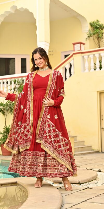 Red Faux Blooming Zari Sequins Work Gown | Gowns, Bollywood Gowns, Creative Gowns, Designer Gowns, Embroidered Gowns, Party Wear Gowns
