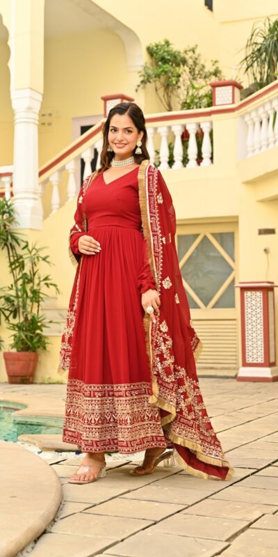 Red Faux Blooming Zari Sequins Work Gown | Gowns, Bollywood Gowns, Creative Gowns, Designer Gowns, Embroidered Gowns, Party Wear Gowns