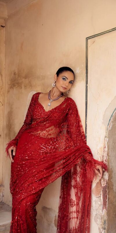 Red Faux Butterfly Net Sequence Saree | Sarees, Bollywood Sarees, Creative Sarees, Designer Sarees, Embroidered Sarees, Ethnic Saree, Modern Digital sarees, Party Wear Sarees