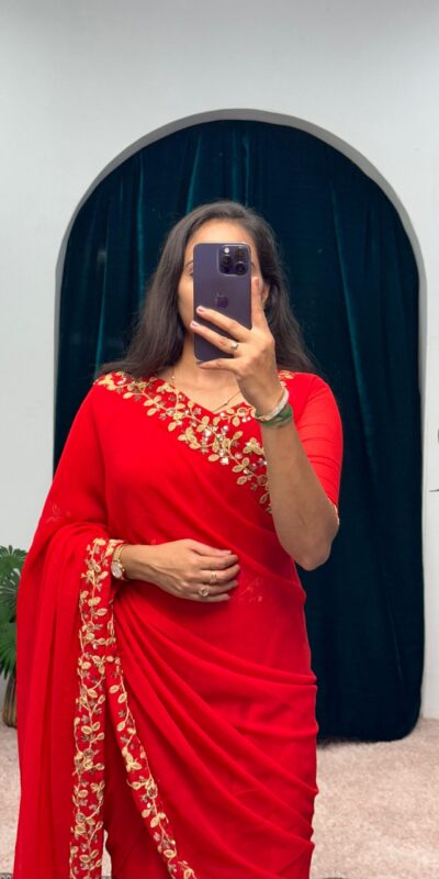 Red Faux Georgette Embroidery Work Border Stitched Saree-Gown | Gowns, Bollywood Gowns, Creative Gowns, Designer Gowns, Embroidered Gowns, Party Wear Gowns, Straight Suits