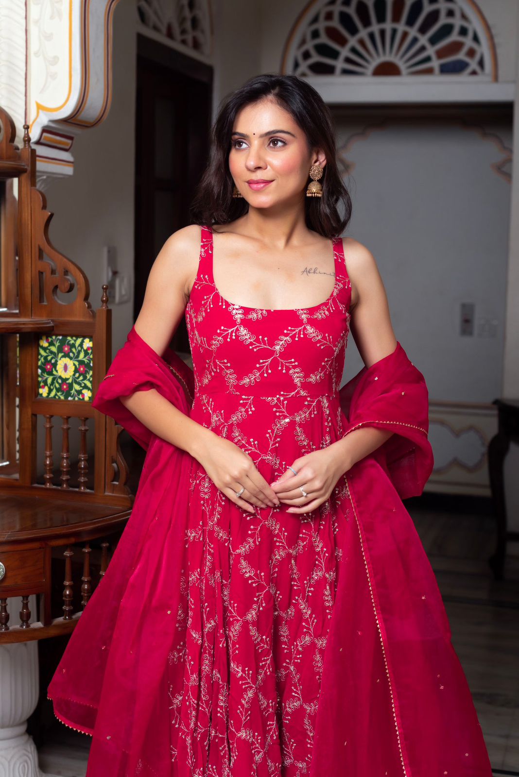 Red Faux Georgette Lace Work Anarkali Suit | Jump Suits, Salwar suit, Casual Suits, Creative suits, Designer Suits, Palazzo Suits, Party Wear Suits, Patiala Suits, Straight Suits