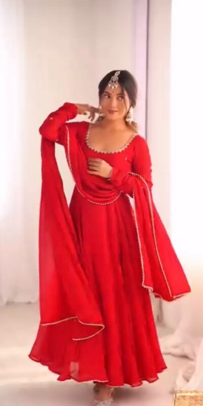 Red Faux Georgette Lace Work Gown | Gowns, Bollywood Gowns, Creative Gowns, Designer Gowns, Embroidered Gowns, Party Wear Gowns