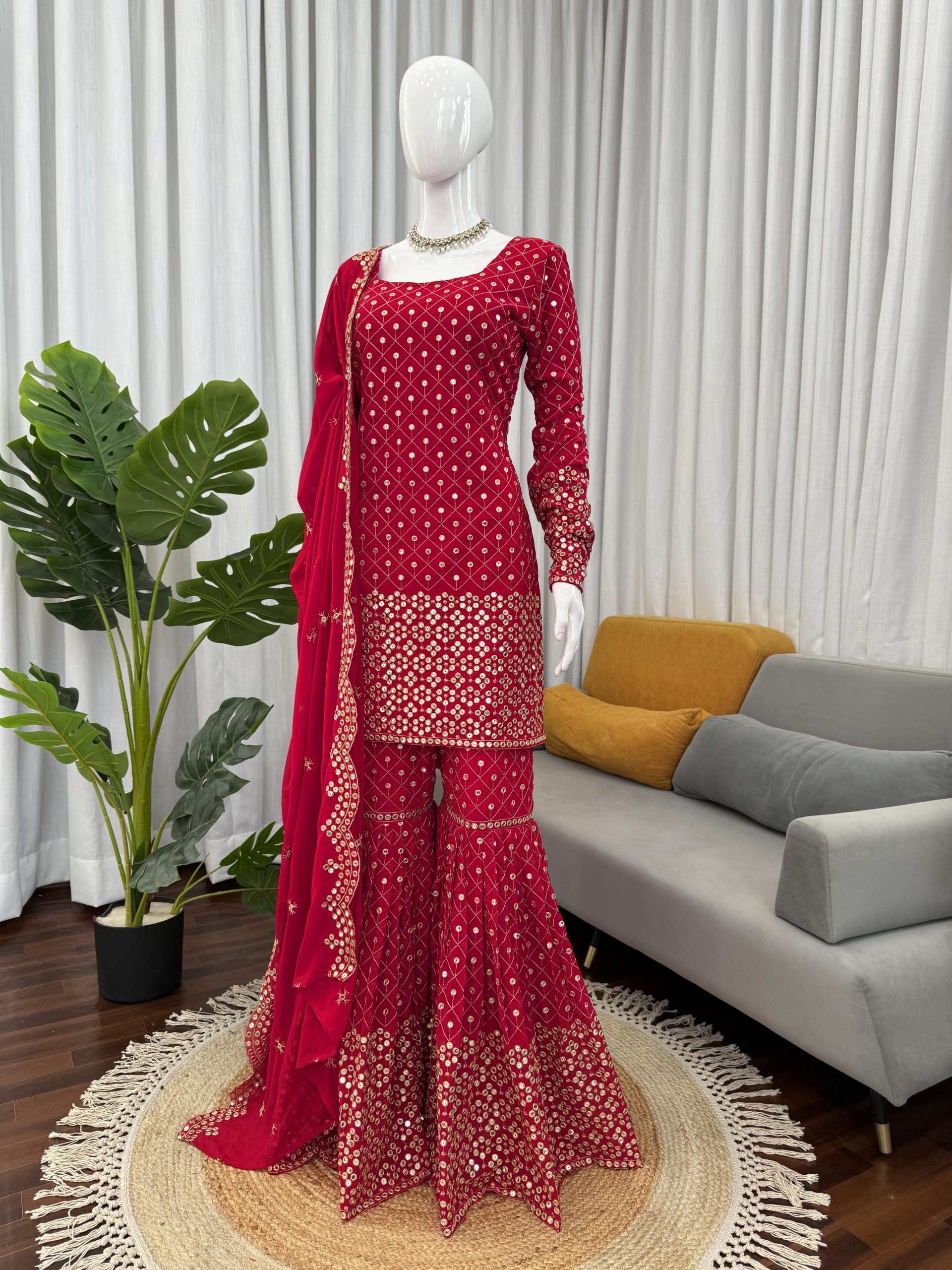 Red Faux Georgette Salwar suit | Jump Suits, Tops & Bottoms, Track Suits, Salwar suit, Casual Suits, Creative suits, Designer Suits, Palazzo Suits, Party Wear Suits, Patiala Suits, Straight Suits, Trendy Wear