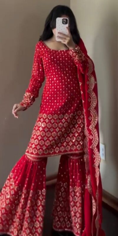Red Faux Georgette Salwar suit | Jump Suits, Tops & Bottoms, Track Suits, Salwar suit, Casual Suits, Creative suits, Designer Suits, Palazzo Suits, Party Wear Suits, Patiala Suits, Straight Suits, Trendy Wear