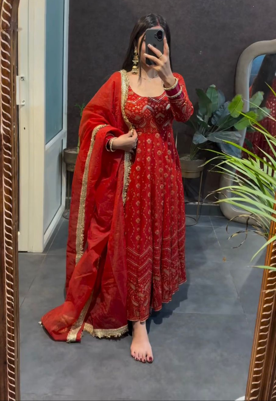 Red Faux Georgette Sequence Work Gown | Gowns, Bollywood Gowns, Creative Gowns, Designer Gowns, Embroidered Gowns, Party Wear Gowns