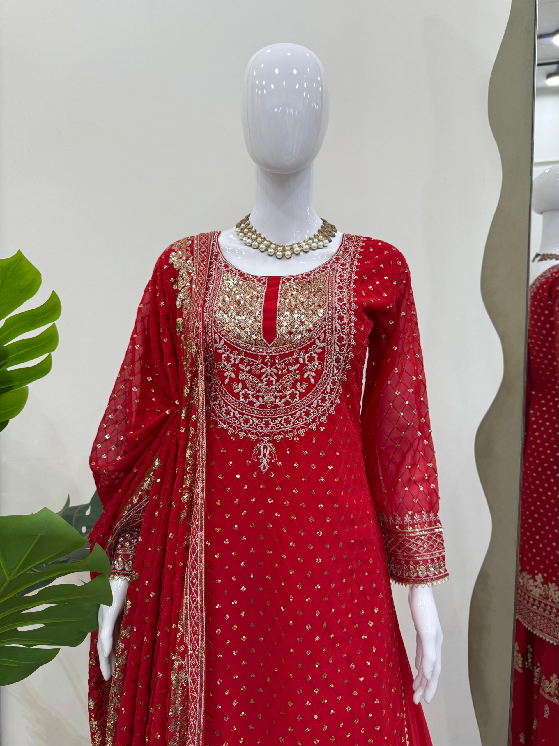 Red Faux Georgette Thread Work Salwar Suit | Jump Suits, Salwar suit, Casual Suits, Creative suits, Designer Suits, Palazzo Suits, Party Wear Suits, Patiala Suits, Straight Suits