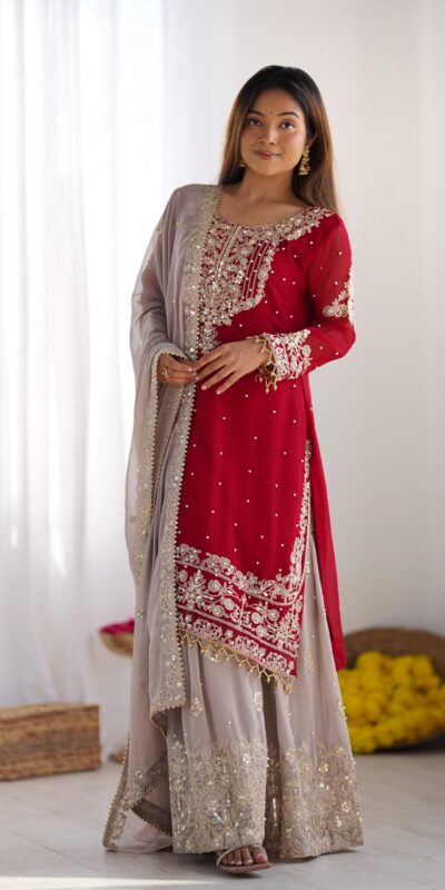 Red Faux Georgette With Moti Work Salwar Suit | Jump Suits, Salwar suit, Casual Suits, Creative suits, Designer Suits, Palazzo Suits, Party Wear Suits, Patiala Suits, Straight Suits