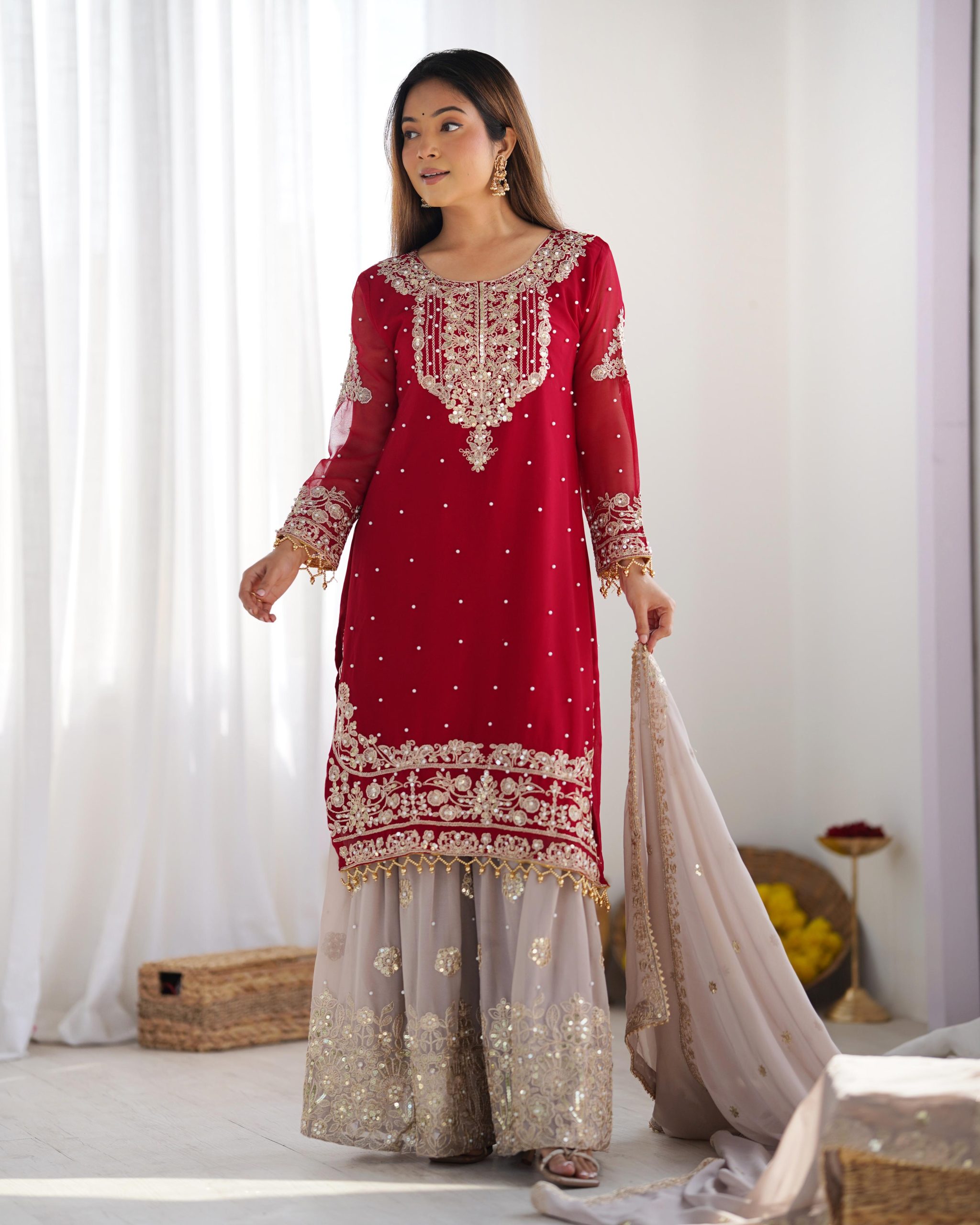 Red Faux Georgette With Moti Work Salwar Suit | Jump Suits, Salwar suit, Casual Suits, Creative suits, Designer Suits, Palazzo Suits, Party Wear Suits, Patiala Suits, Straight Suits