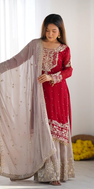 Red Faux Georgette With Moti Work Salwar Suit | Jump Suits, Salwar suit, Casual Suits, Creative suits, Designer Suits, Palazzo Suits, Party Wear Suits, Patiala Suits, Straight Suits