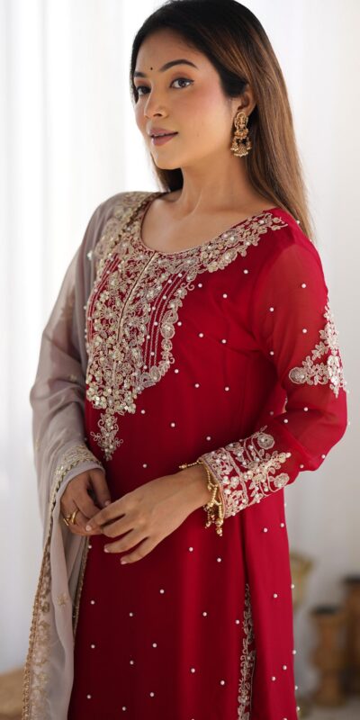Red Faux Georgette With Moti Work Salwar Suit | Jump Suits, Salwar suit, Casual Suits, Creative suits, Designer Suits, Palazzo Suits, Party Wear Suits, Patiala Suits, Straight Suits