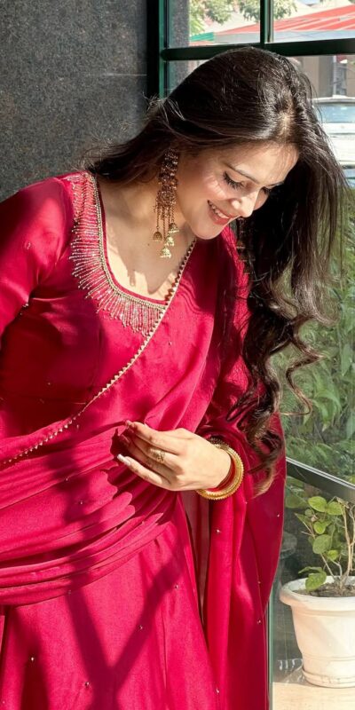 Red Fendy Silk Lace Border Work Gown | Gowns, Bollywood Gowns, Creative Gowns, Designer Gowns, Embroidered Gowns, Party Wear Gowns