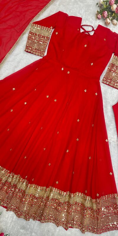 Red Fox Georgette Embroidery Work Anarkali Gown | Gowns, Bollywood Gowns, Creative Gowns, Designer Gowns, Embroidered Gowns, Party Wear Gowns, Straight Suits