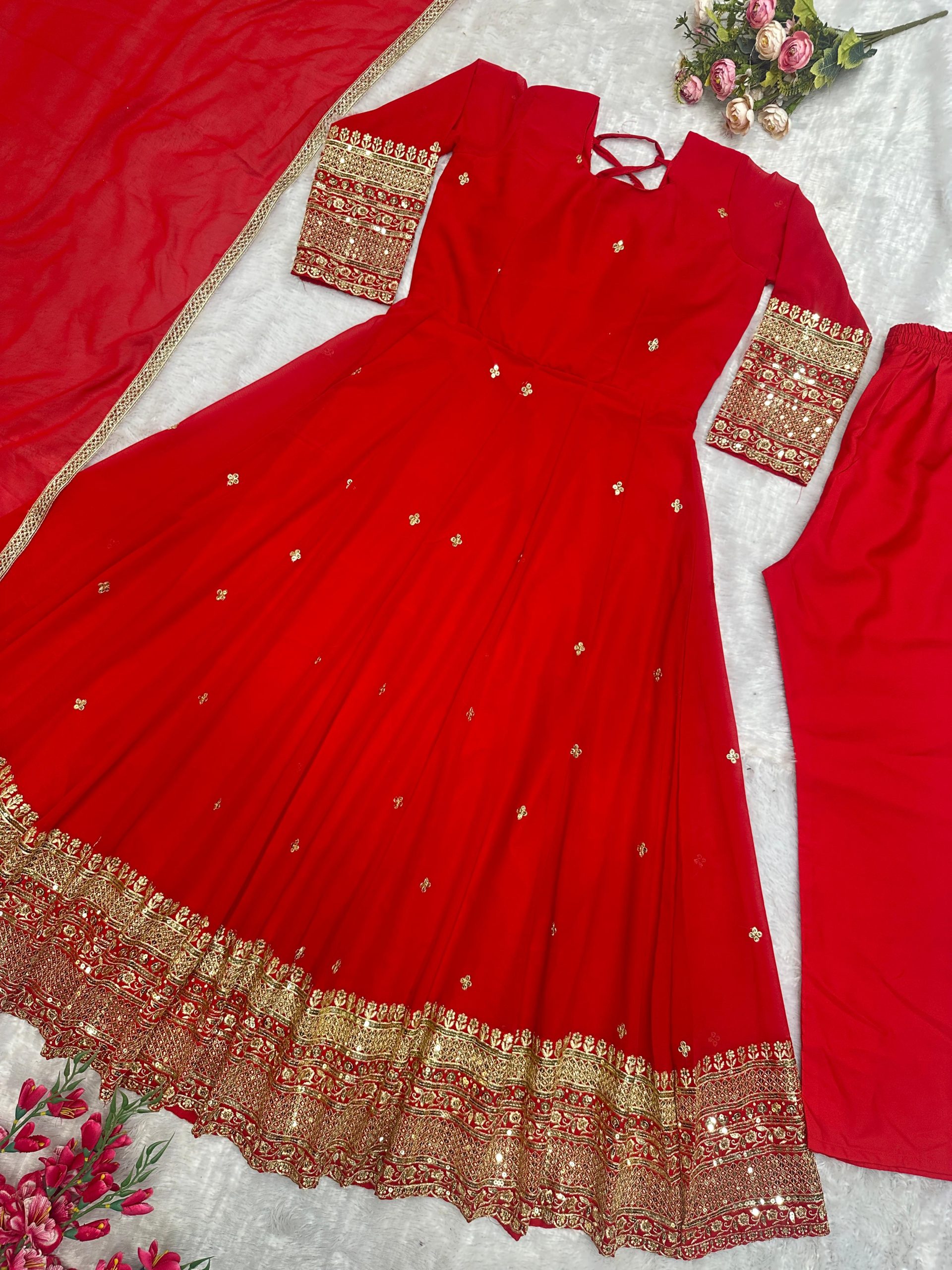 Red Fox Georgette Embroidery Work Anarkali Gown | Gowns, Bollywood Gowns, Creative Gowns, Designer Gowns, Embroidered Gowns, Party Wear Gowns, Straight Suits