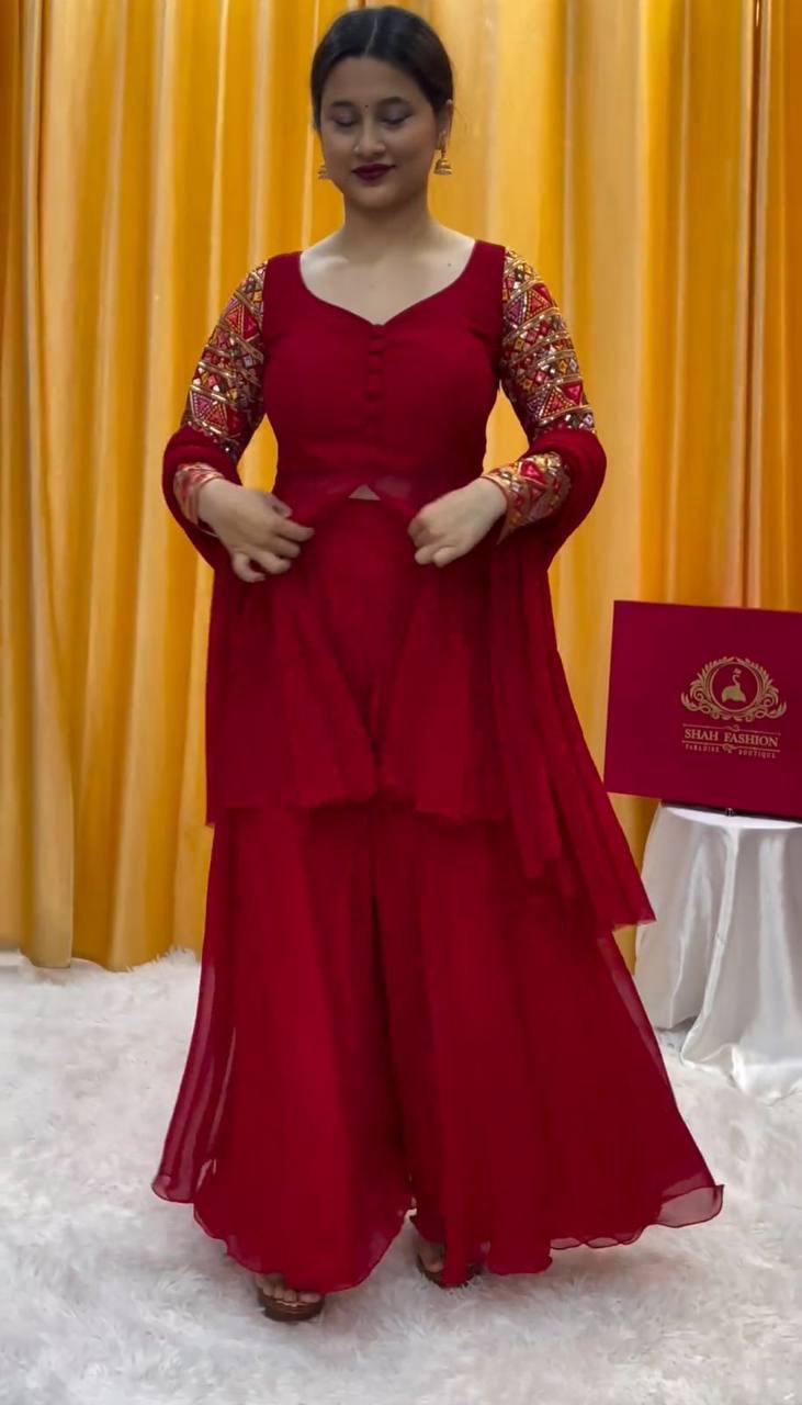 Red Fox Georgette Thread Work With Fancy Button Salwar Suit | Jump Suits, Salwar suit, Casual Suits, Creative suits, Designer Suits, Palazzo Suits, Party Wear Suits, Patiala Suits, Straight Suits