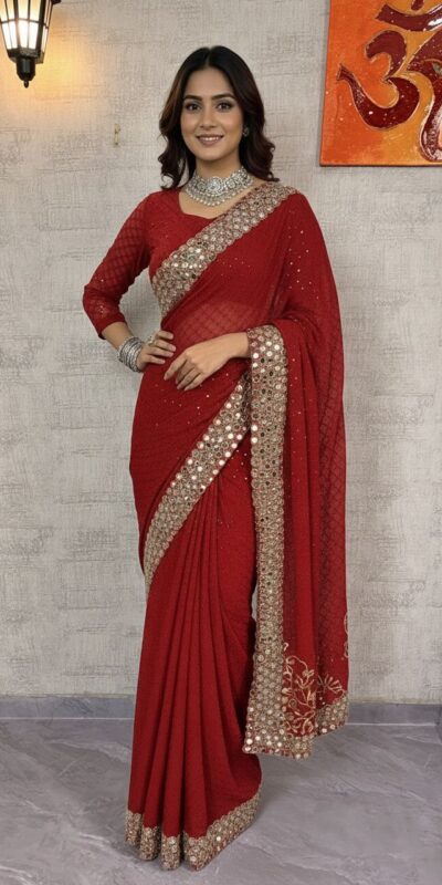 Red Georgette Mirror Embroidery Work Saree | Sarees, Bollywood Sarees, Creative Sarees, Designer Sarees, Embroidered Sarees, Ethnic Saree, Modern Digital sarees, Party Wear Sarees