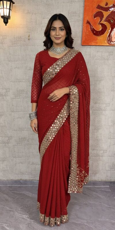Red Georgette Mirror Embroidery Work Saree | Sarees, Bollywood Sarees, Creative Sarees, Designer Sarees, Embroidered Sarees, Ethnic Saree, Modern Digital sarees, Party Wear Sarees