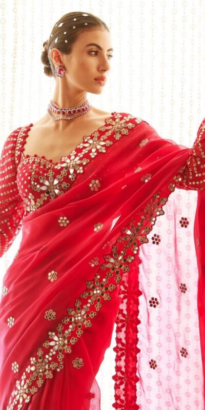 Red Georgette Mirror Work Saree | Sarees, Bollywood Sarees, Creative Sarees, Designer Sarees, Embroidered Sarees, Ethnic Saree, Modern Digital sarees, Party Wear Sarees