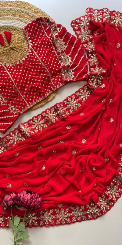 Red Georgette Mirror Work Saree | Sarees, Bollywood Sarees, Creative Sarees, Designer Sarees, Embroidered Sarees, Ethnic Saree, Modern Digital sarees, Party Wear Sarees