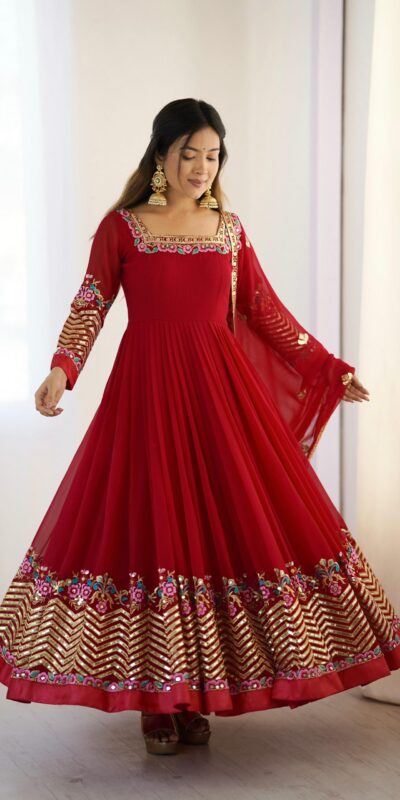 Red Georgette Multi Thread Work Gown | Jump Suits, Salwar suit, Casual Suits, Creative suits, Designer Suits, Palazzo Suits, Party Wear Suits, Patiala Suits, Straight Suits