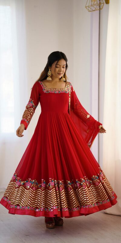 Red Georgette Multi Thread Work Gown | Jump Suits, Salwar suit, Casual Suits, Creative suits, Designer Suits, Palazzo Suits, Party Wear Suits, Patiala Suits, Straight Suits
