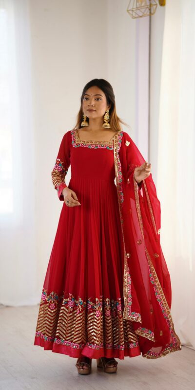 Red Georgette Multi Thread Work Gown | Jump Suits, Salwar suit, Casual Suits, Creative suits, Designer Suits, Palazzo Suits, Party Wear Suits, Patiala Suits, Straight Suits