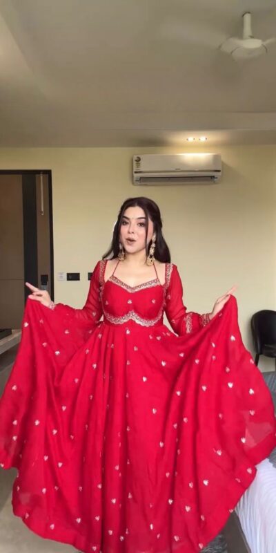 Red Georgette Sequence Gown | Gowns, Bollywood Gowns, Creative Gowns, Designer Gowns, Embroidered Gowns, Party Wear Gowns