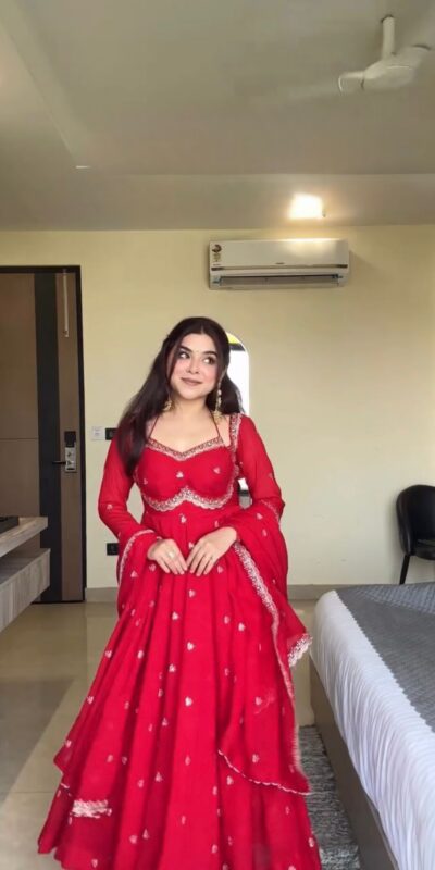 Red Georgette Sequence Gown | Gowns, Bollywood Gowns, Creative Gowns, Designer Gowns, Embroidered Gowns, Party Wear Gowns