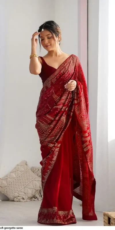 Red Georgette Sequence Lace Work Saree | Sarees, Bollywood Sarees, Creative Sarees, Designer Sarees, Embroidered Sarees, Ethnic Saree, Modern Digital sarees, Party Wear Sarees