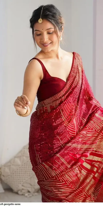Red Georgette Sequence Lace Work Saree | Sarees, Bollywood Sarees, Creative Sarees, Designer Sarees, Embroidered Sarees, Ethnic Saree, Modern Digital sarees, Party Wear Sarees
