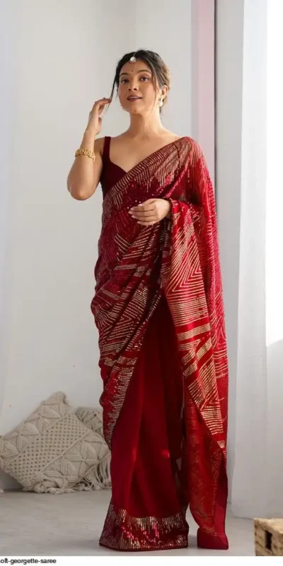 Red Georgette Sequence Lace Work Saree | Sarees, Bollywood Sarees, Creative Sarees, Designer Sarees, Embroidered Sarees, Ethnic Saree, Modern Digital sarees, Party Wear Sarees