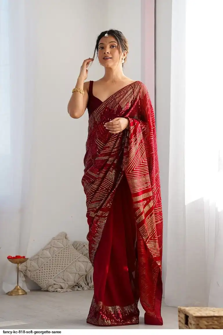 Red Georgette Sequence Lace Work Saree | Sarees, Bollywood Sarees, Creative Sarees, Designer Sarees, Embroidered Sarees, Ethnic Saree, Modern Digital sarees, Party Wear Sarees