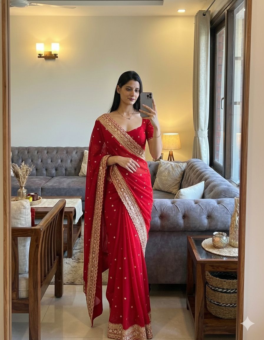 Red Georgette Sequins Embroidery Work Saree | Sarees, Bollywood Sarees, Creative Sarees, Designer Sarees, Embroidered Sarees, Ethnic Saree, Modern Digital sarees, Party Wear Sarees