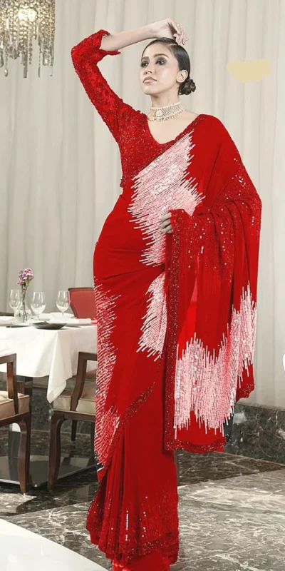 Red Georgette Sequins Work Saree | Sarees, Bollywood Sarees, Creative Sarees, Designer Sarees, Embroidered Sarees, Ethnic Saree, Modern Digital sarees, Party Wear Sarees