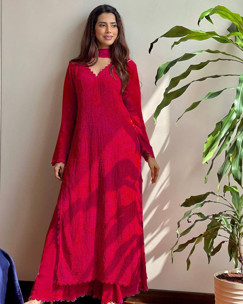 Red Georgette Thread Embroidery Salwar Suit | Salwar suit, Casual Suits, Creative suits, Designer Suits, Palazzo Suits, Party Wear Suits, Patiala Suits, Straight Suits