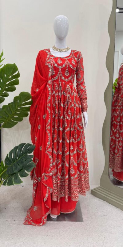 Red Georgette Thread Sequence Work Salwar Suit | Jump Suits, Salwar suit, Casual Suits, Creative suits, Designer Suits, Palazzo Suits, Party Wear Suits, Patiala Suits, Straight Suits