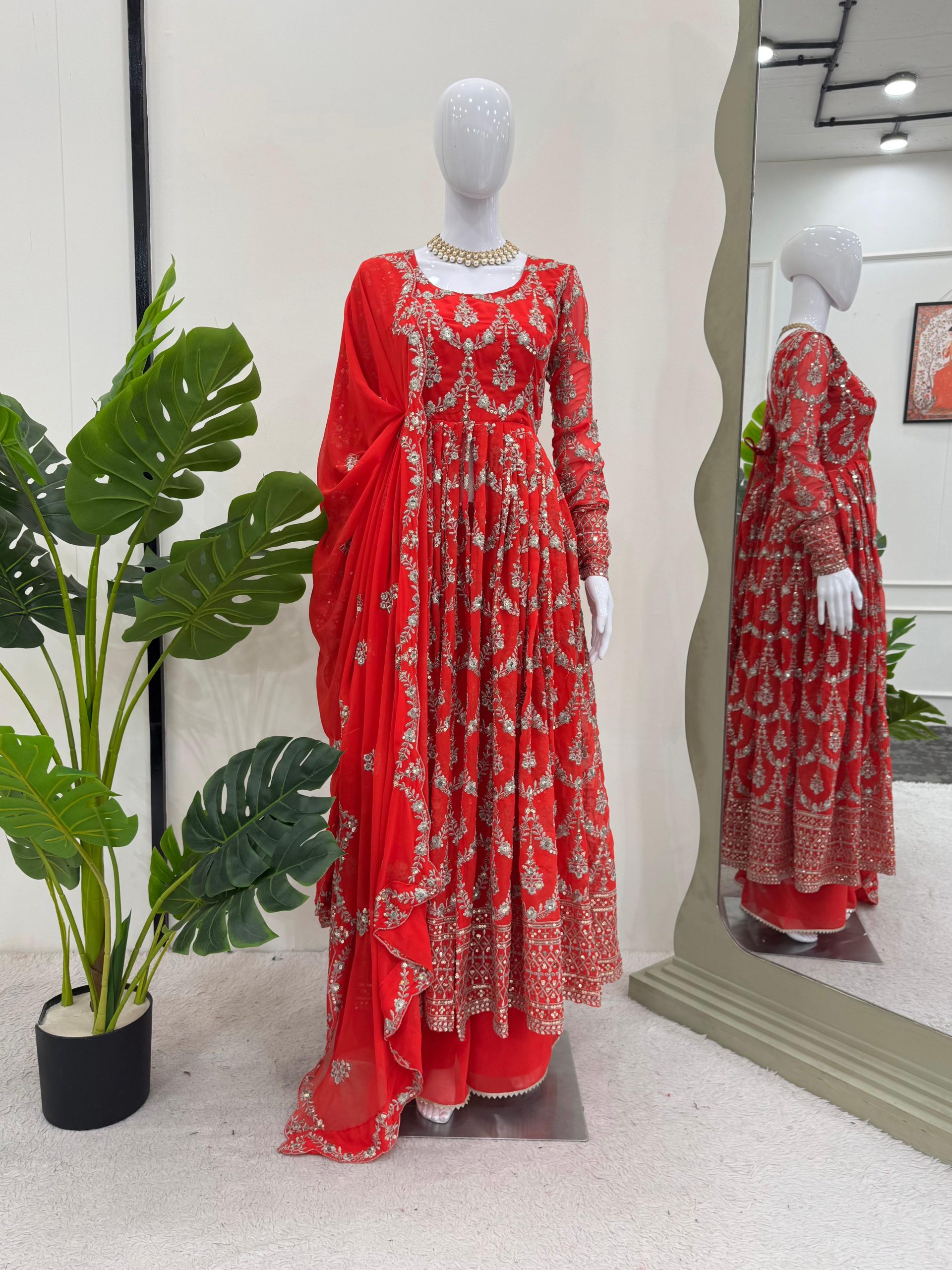 Red Georgette Thread Sequence Work Salwar Suit | Jump Suits, Salwar suit, Casual Suits, Creative suits, Designer Suits, Palazzo Suits, Party Wear Suits, Patiala Suits, Straight Suits
