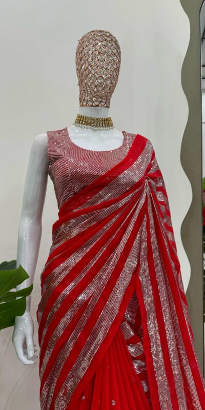 Red Georgette Thread Sequence Work Saree | Sarees, Bollywood Sarees, Creative Sarees, Designer Sarees, Embroidered Sarees, Ethnic Saree, Modern Digital sarees, Party Wear Sarees
