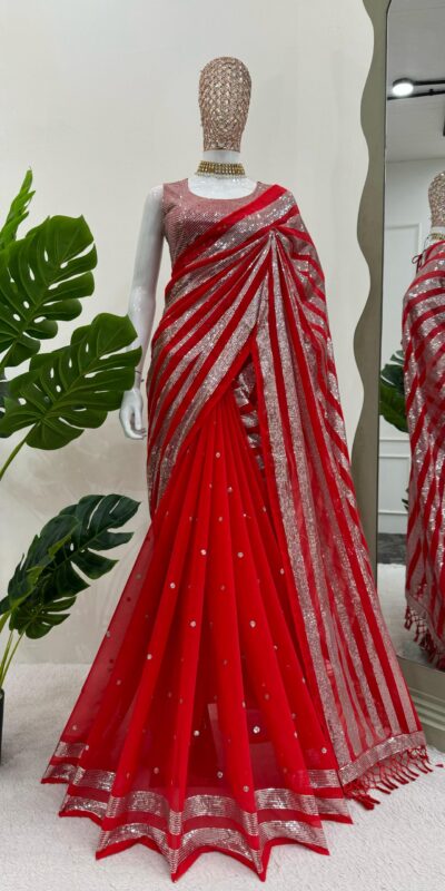 Red Georgette Thread Sequence Work Saree | Sarees, Bollywood Sarees, Creative Sarees, Designer Sarees, Embroidered Sarees, Ethnic Saree, Modern Digital sarees, Party Wear Sarees