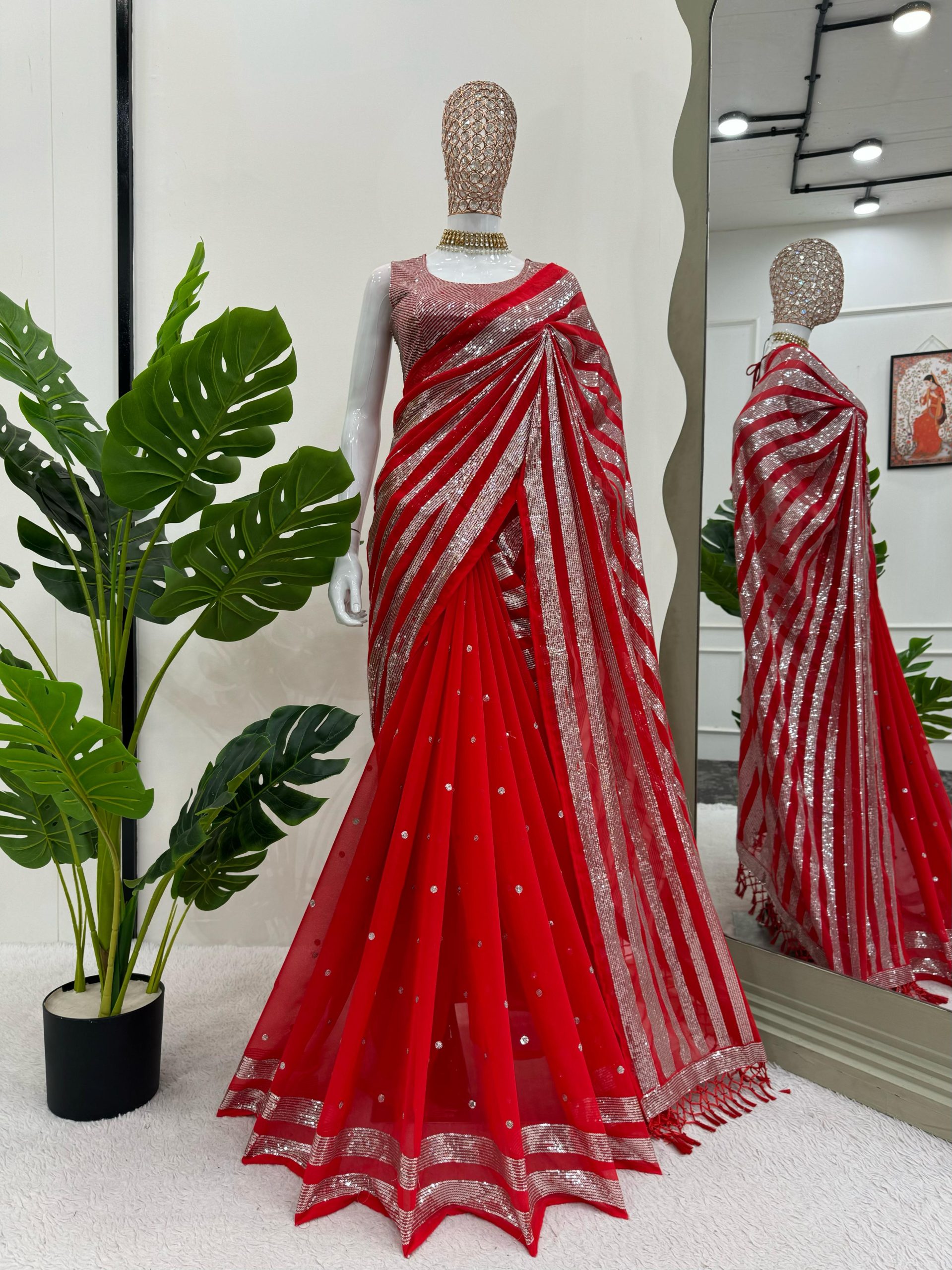 Red Georgette Thread Sequence Work Saree | Sarees, Bollywood Sarees, Creative Sarees, Designer Sarees, Embroidered Sarees, Ethnic Saree, Modern Digital sarees, Party Wear Sarees