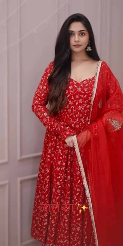 Red Georgette With Embroidery Sequence Gown | Gowns, Bollywood Gowns, Creative Gowns, Designer Gowns, Embroidered Gowns, Party Wear Gowns
