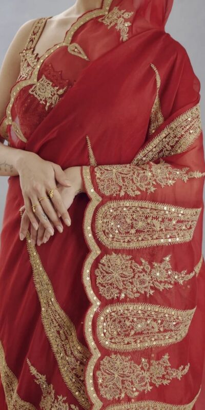 Red Organza Tissue Sequins Work Embroidery Saree | Sarees, Bollywood Sarees, Creative Sarees, Designer Sarees, Embroidered Sarees, Ethnic Saree, Modern Digital sarees, Party Wear Sarees